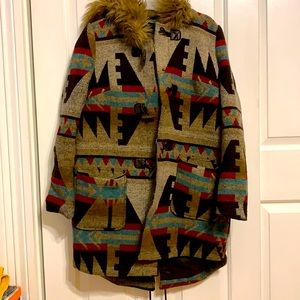 Fur Hood Native Print Winter Coat